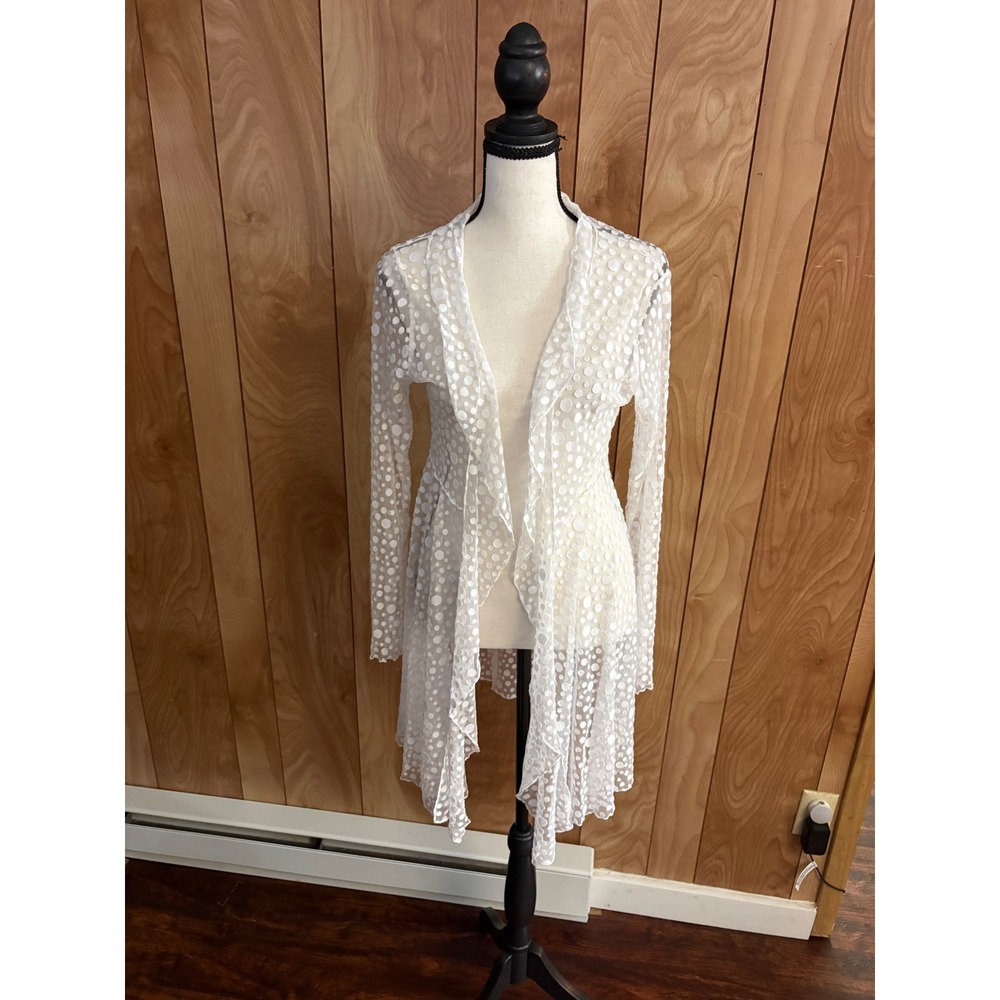 Vine Street White Mesh Polka Dot Duster Cardigan Sheer Ruffle Open Front Small